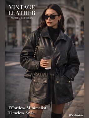 🖤 Vintage Black Leather Oversized Jacket Utility Style KC Collections